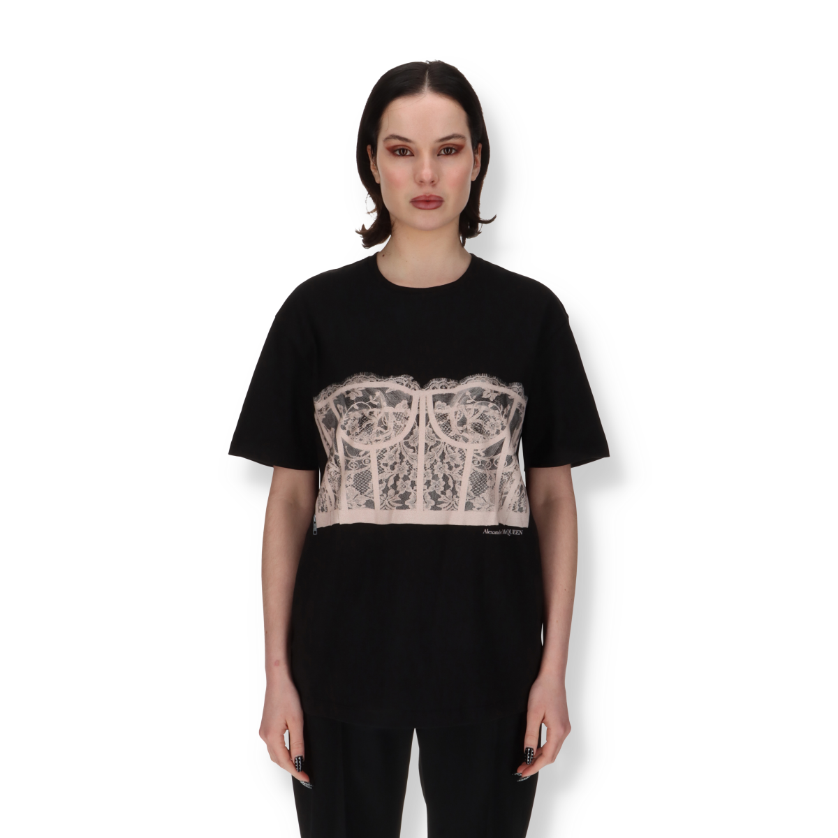 【Alexander McQUEEN】Lace Corset Short Sleeve T-shirt Alexander Mcqueen Lace corset t-shirt - Black | 691159QZAFC0541